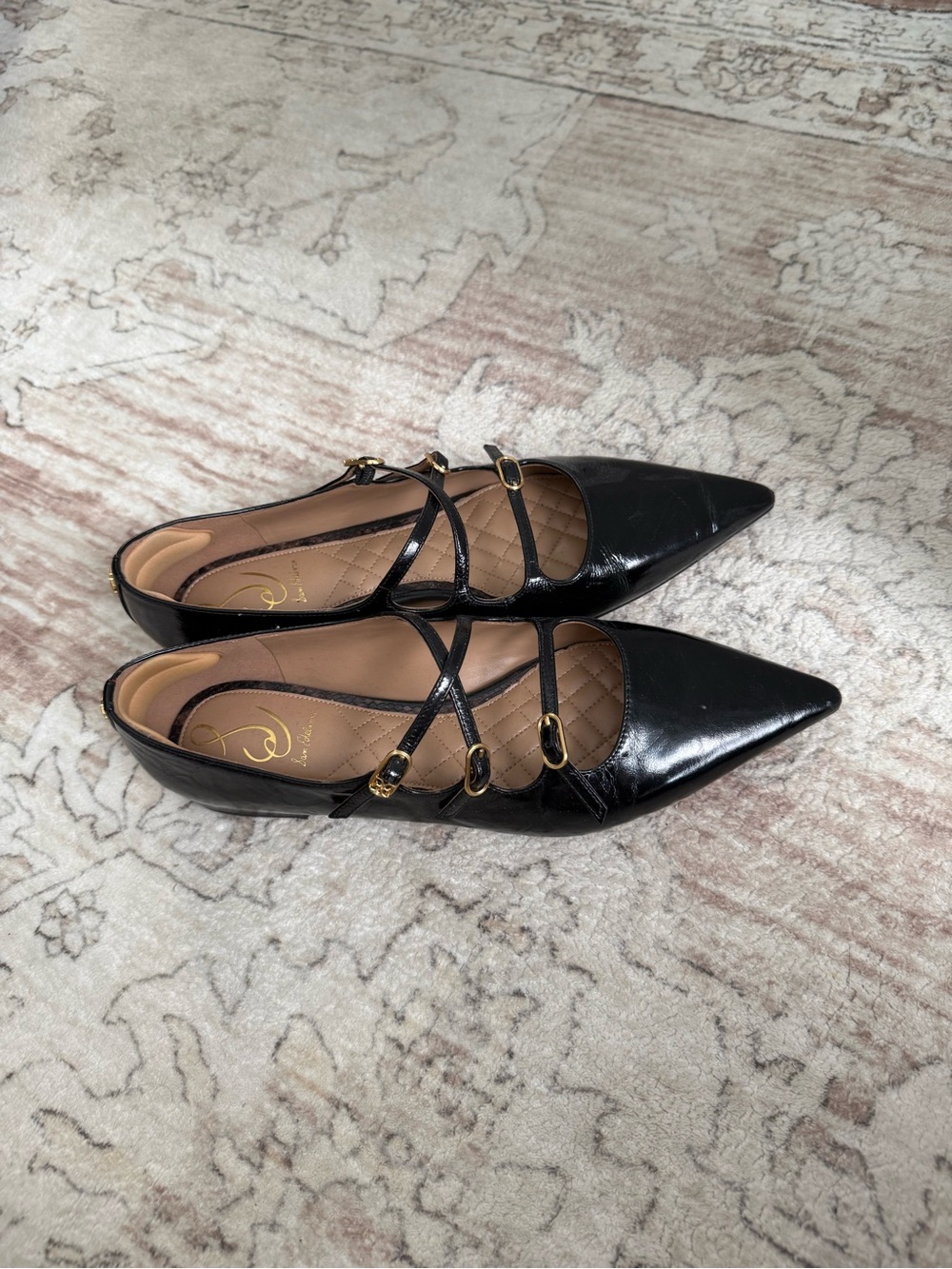Sam Edelman Black Pointed-Toe Strappy Ballet Flats with Gold Accents - Picture 2 of 4